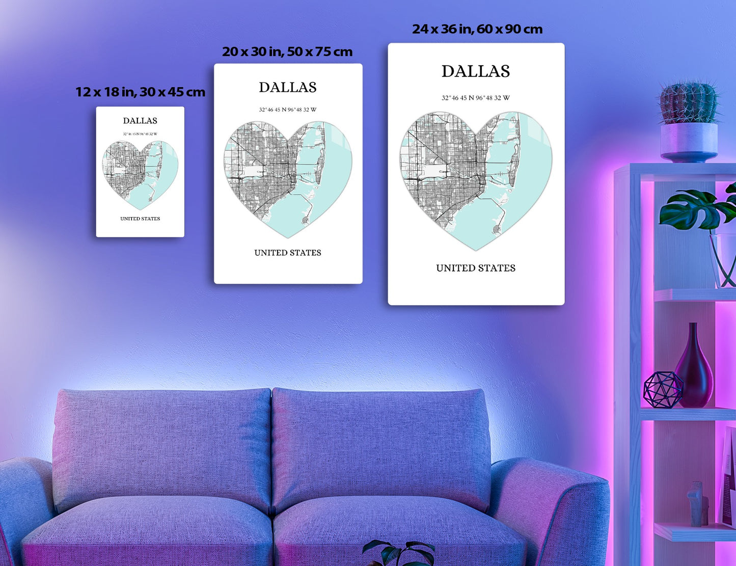 Map of Dallas city in the shape of a heart with street grids on one side and water bodies on the other side, with the geographic coordinates and country name mentioned.
