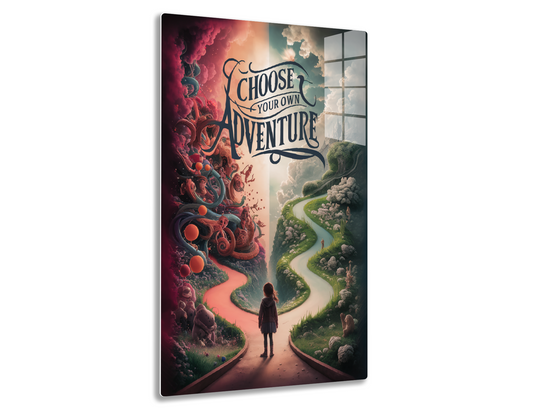 A surreal landscape depicting two contrasting paths, one fiery and chaotic, the other serene and natural, with a solitary figure standing at the divergence point facing the choice to "Choose Your Own Adventure," as the text suggests.
