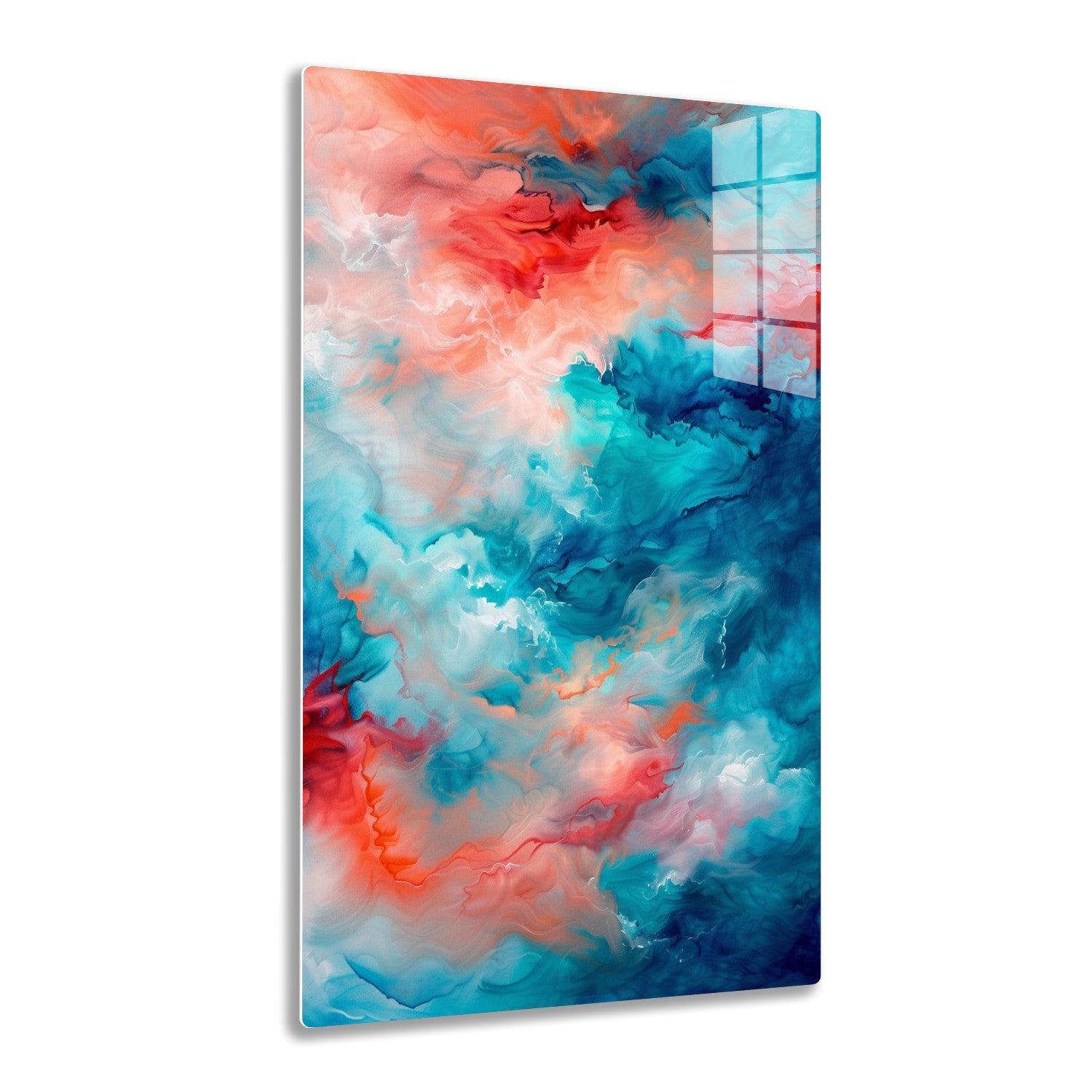 Abstract swirling pattern of vibrant red, blue, and white paint resembling colorful clouds or smoke against a textured background. The colors blend and flow together in an energetic, dynamic composition.
