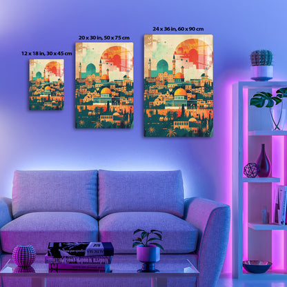 A vibrant illustration depicting a Middle Eastern city skyline with iconic architectural landmarks like mosques, minarets, domes, and palm trees blending warm colors and intricate details in an artistic abstract style.
