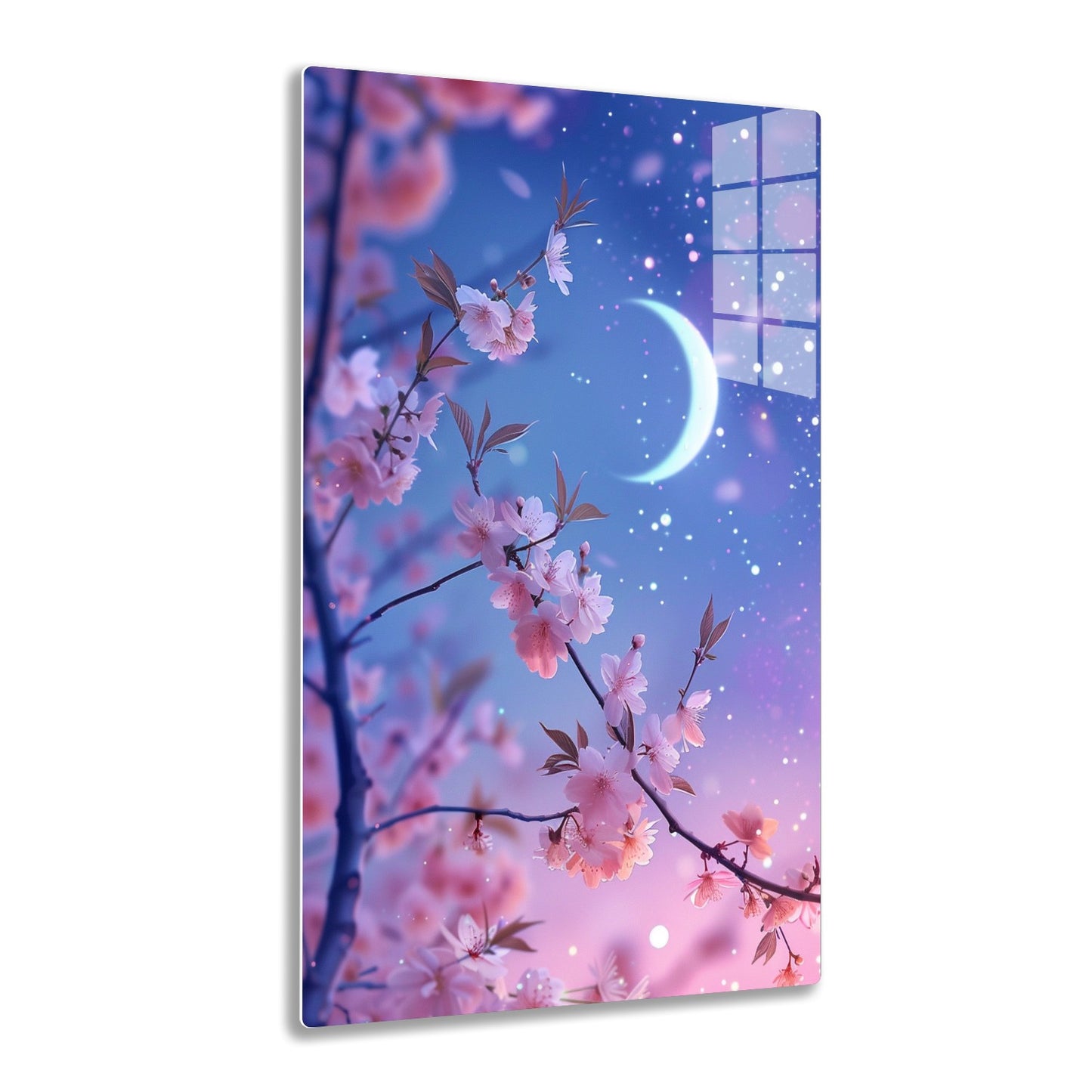 Cherry blossoms in bloom against a dreamy twilight sky with a crescent moon and twinkling stars, creating a serene, whimsical atmosphere.
