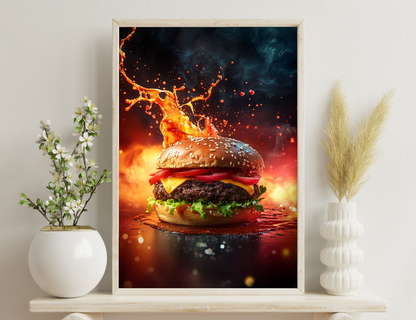 A burger with a fiery explosion emerging from the top bun, creating a dramatic splash of melted cheese and flaming ingredients against a dark, smoky background.
