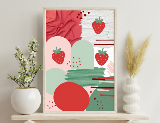 Strawberries and abstract shapes in shades of red, green, and pink against a textured background, creating a fun and vibrant graphic design.
