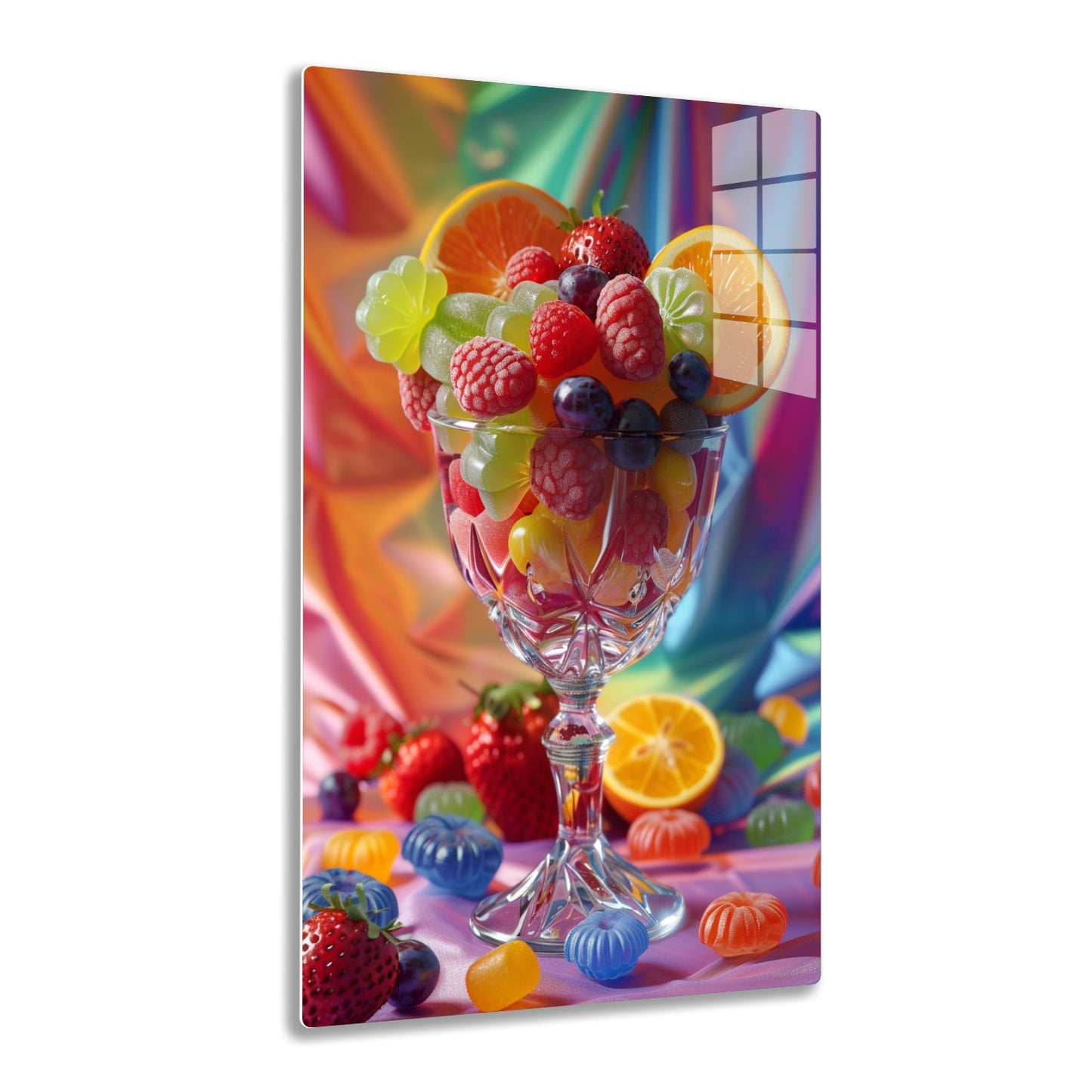 A crystal dessert glass filled with fresh strawberries, raspberries, blueberries, orange slices, and gummy fruit candies against a vibrant colorful background.
