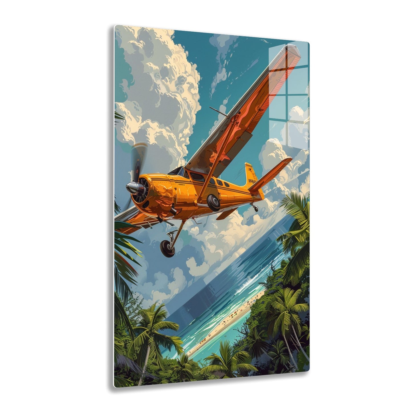 An orange propeller airplane flies low over a tropical beach with palm trees, heading towards the clear blue ocean under a cloudy sky.
