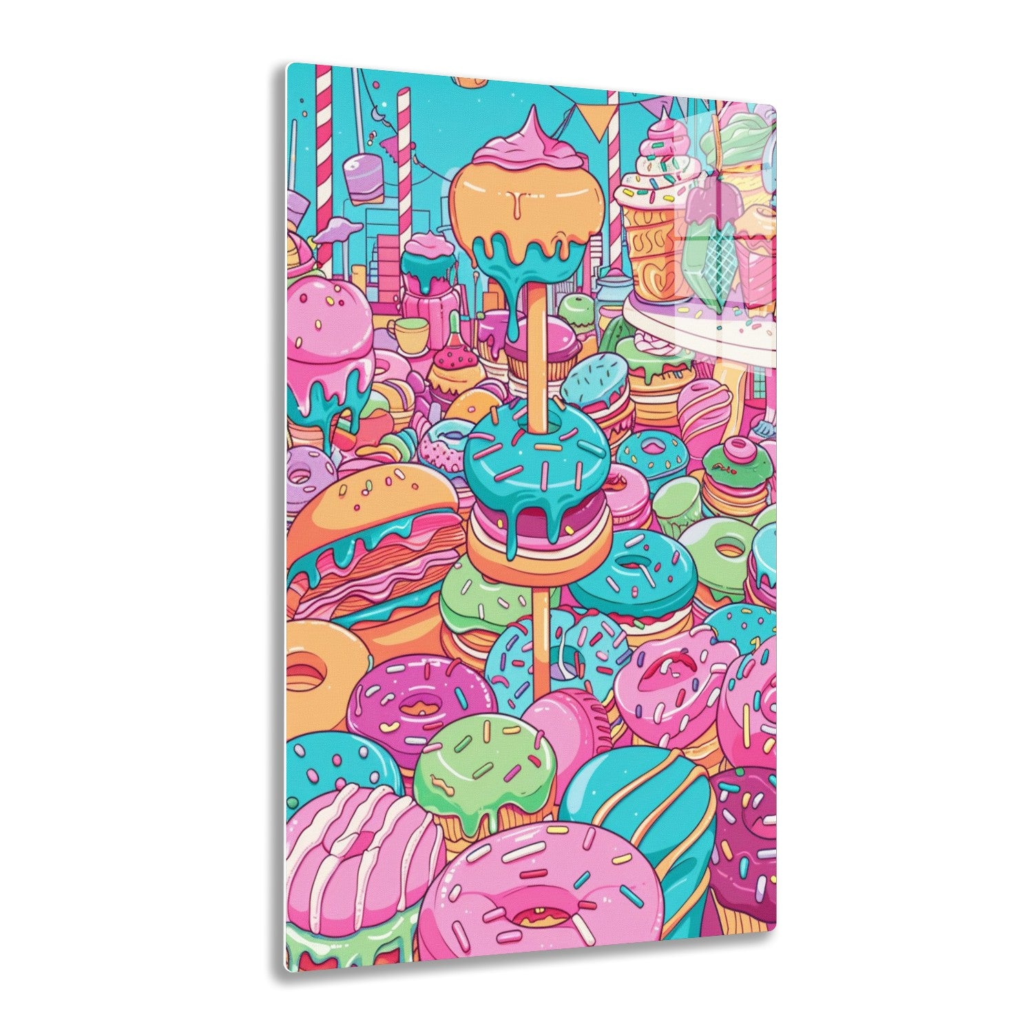 A colorful and whimsical illustration depicting a sugary fantasy land filled with giant frosted donuts, ice cream swirls, candy canes, and other delectable sweet treats in bright shades of pink, blue, green,
