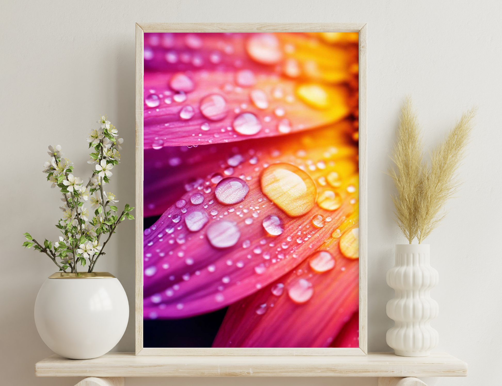 Macro image of vibrant pink and orange flower petals covered with glistening water droplets. The shallow depth of field creates a soft, dreamy look.
