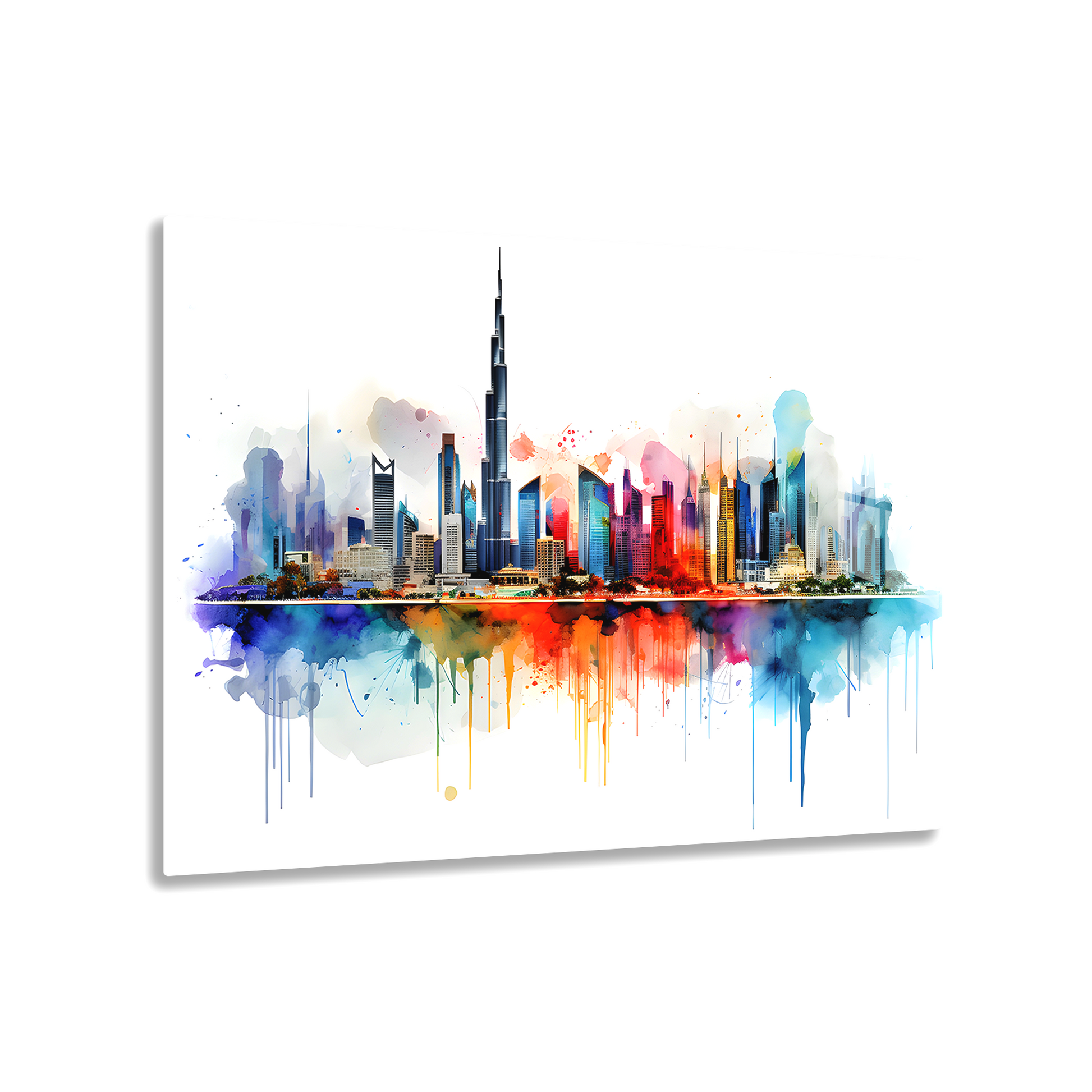 Watercolor Dubai Skyline (Acrylic)Make a statement with Watercolor Dubai Skyline acrylic prints. The 1⁄4" acrylic panel exudes the illusion of a smooth glass surface for vibrant artwork. Pre-installeRimaGallery